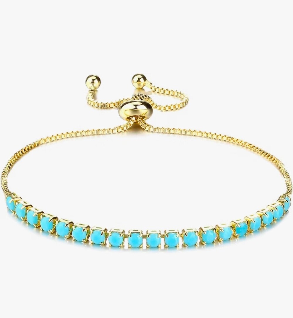 18K Gold plated Adjustable turquoise CZ Bracelet 5A+ Sparkling Cubic Zirconia; B